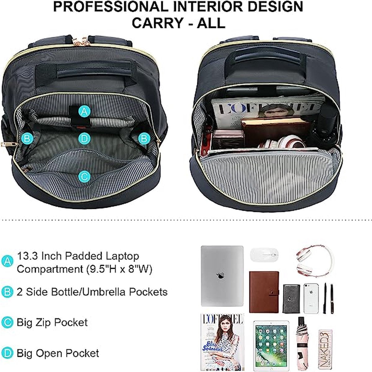 Laptoprugzak voor dames, 15,6 inch, waterdicht, schoolrugzak, voor meisjes en tieners, met laptopvak en USB-oplaadaansluiting, elegant, voor school, universiteit, reizen, werk