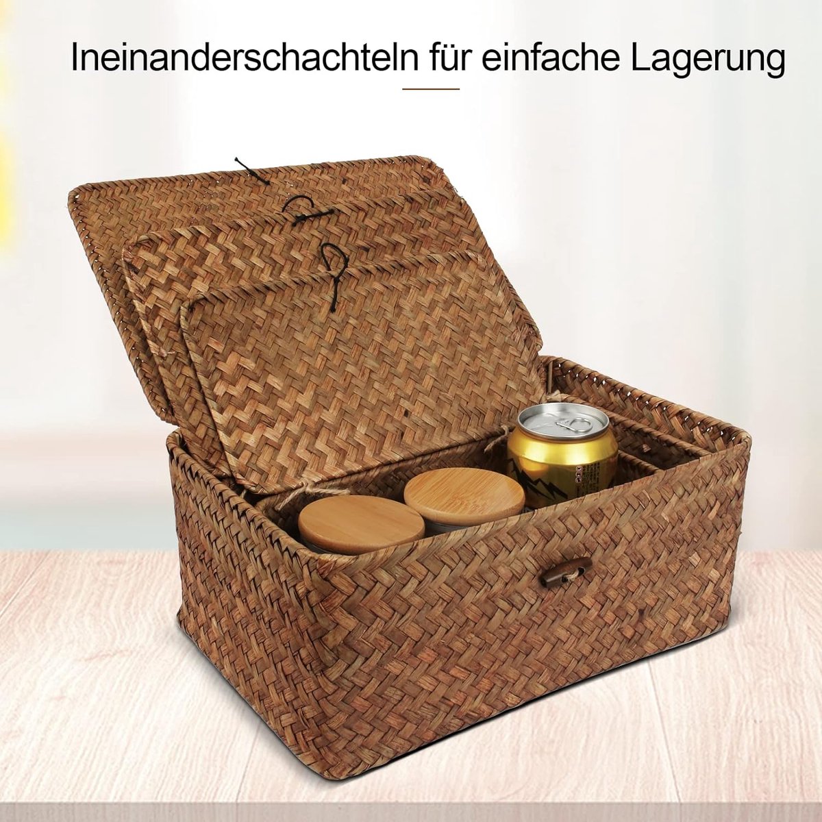 Rattan storage basket with lid, 3 pieces, natural seagrass, woven baskets, multifunctional storage box for toys, cosmetics, bathroom, toilet paper
