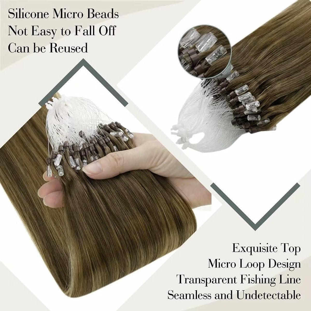LaaVoo Micro Loop Hair Extensions 18"/45cm 50g/50s #8/16/8 Balayage Lichtbruin naar Goudblond met Lichtbruine Micro-ring Echt Haar Extensions Micro Rings Human Hair Extension