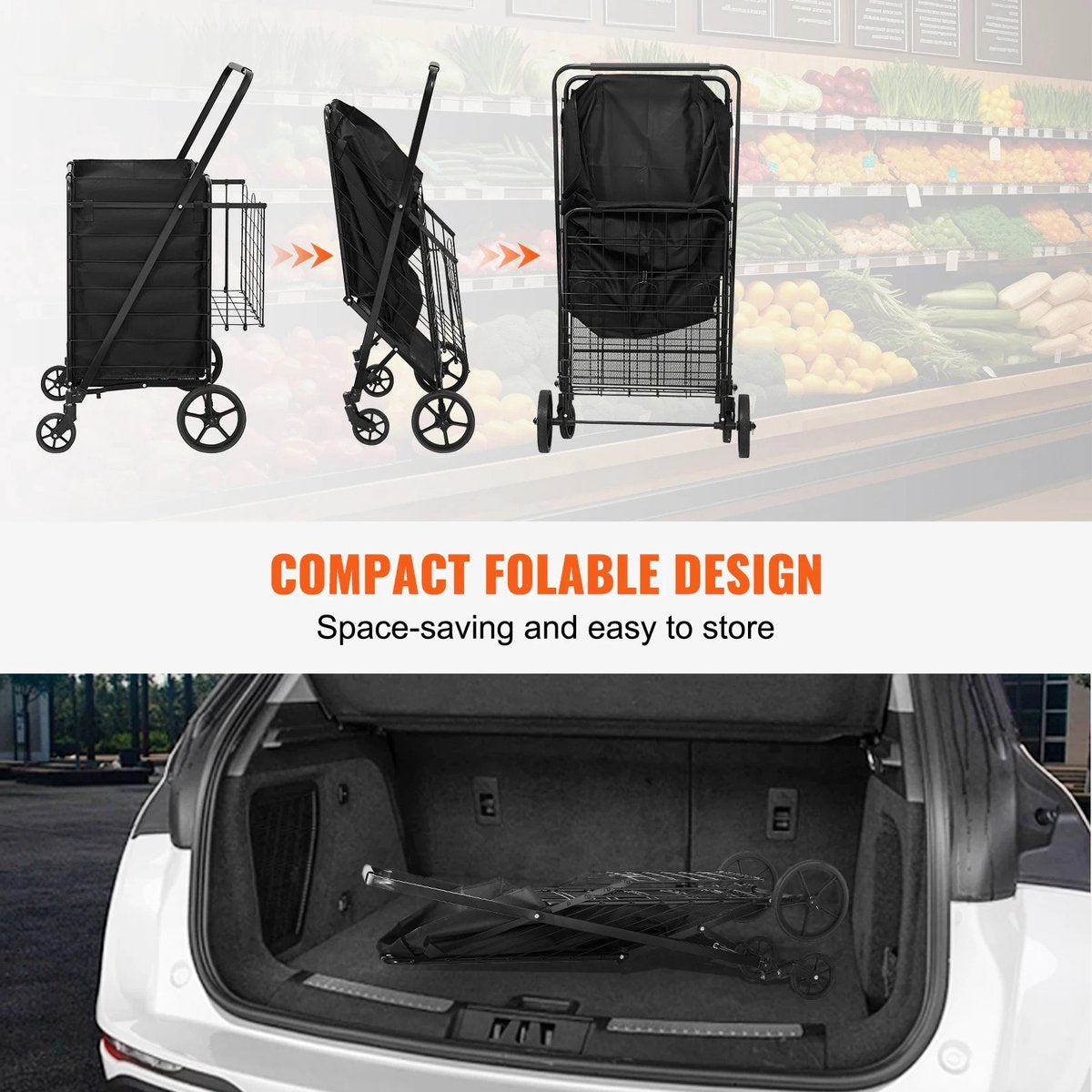 ByBusby® Foldable Shopping Cart - Shopping Trolleys - Removable Waterproof Liner - Load Capacity 150 KG - 360° Swivel Wheels