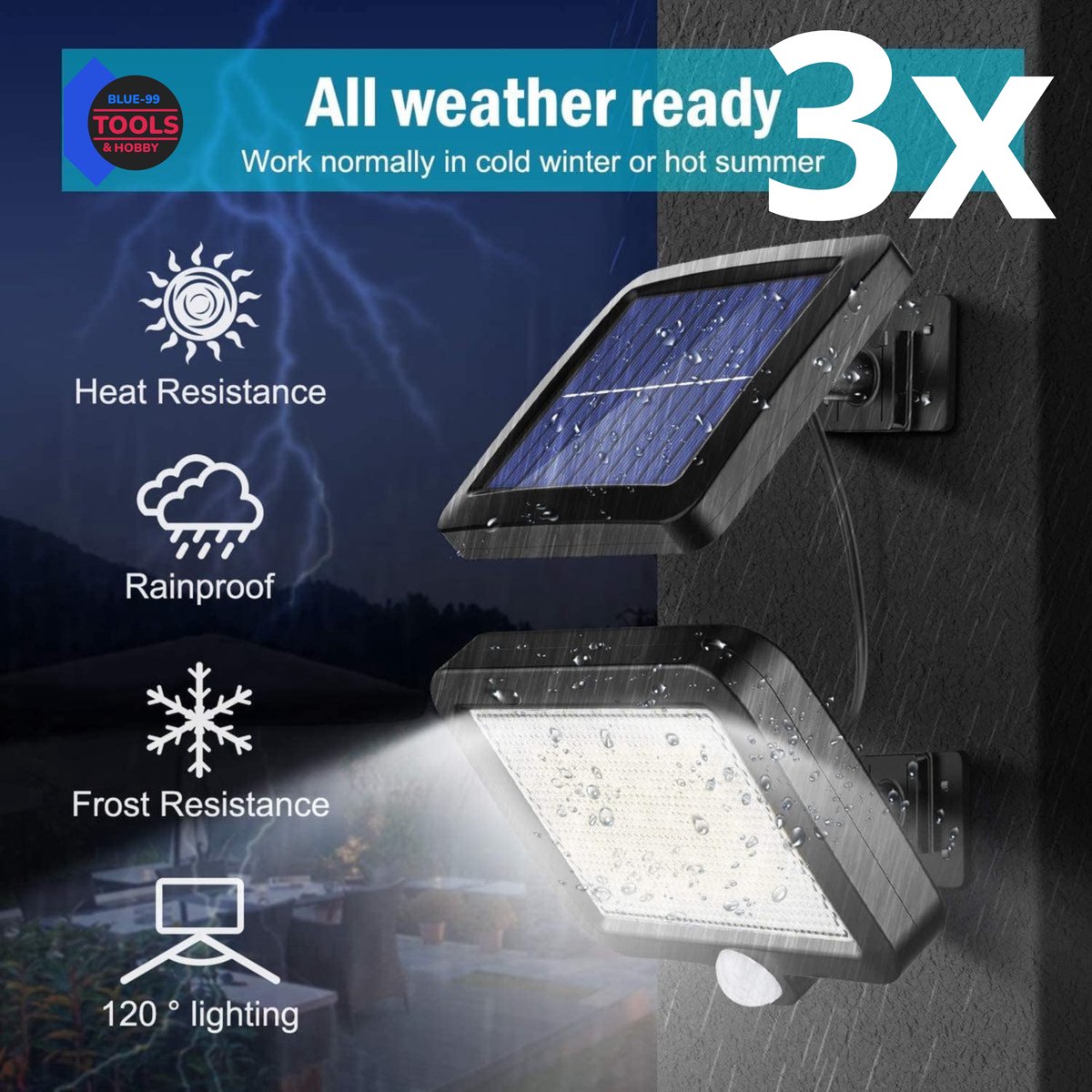 Bleu 99 - Buitenlamp met bewegingssensor - 3 STUKS – Buitenverlichting op Zonne-energie - Wandlamp buiten – Sensor – Solar – Dag-Nachtsensor – LED – Zwart – Helder licht - zonne-energie - LED-schijnwerper met bewegingssensor en los zonnepaneel