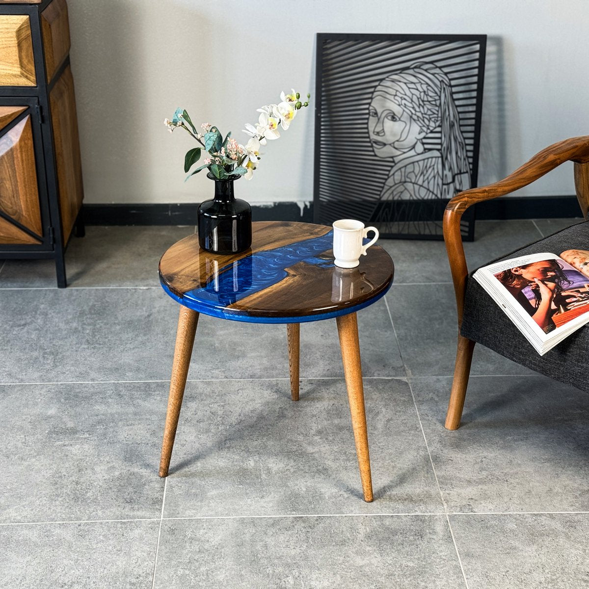 Salontafel - Bijzettafel Rond - Epoxy Bijzettafel - Epoxy - Bijzettafel Hout - Walnoot