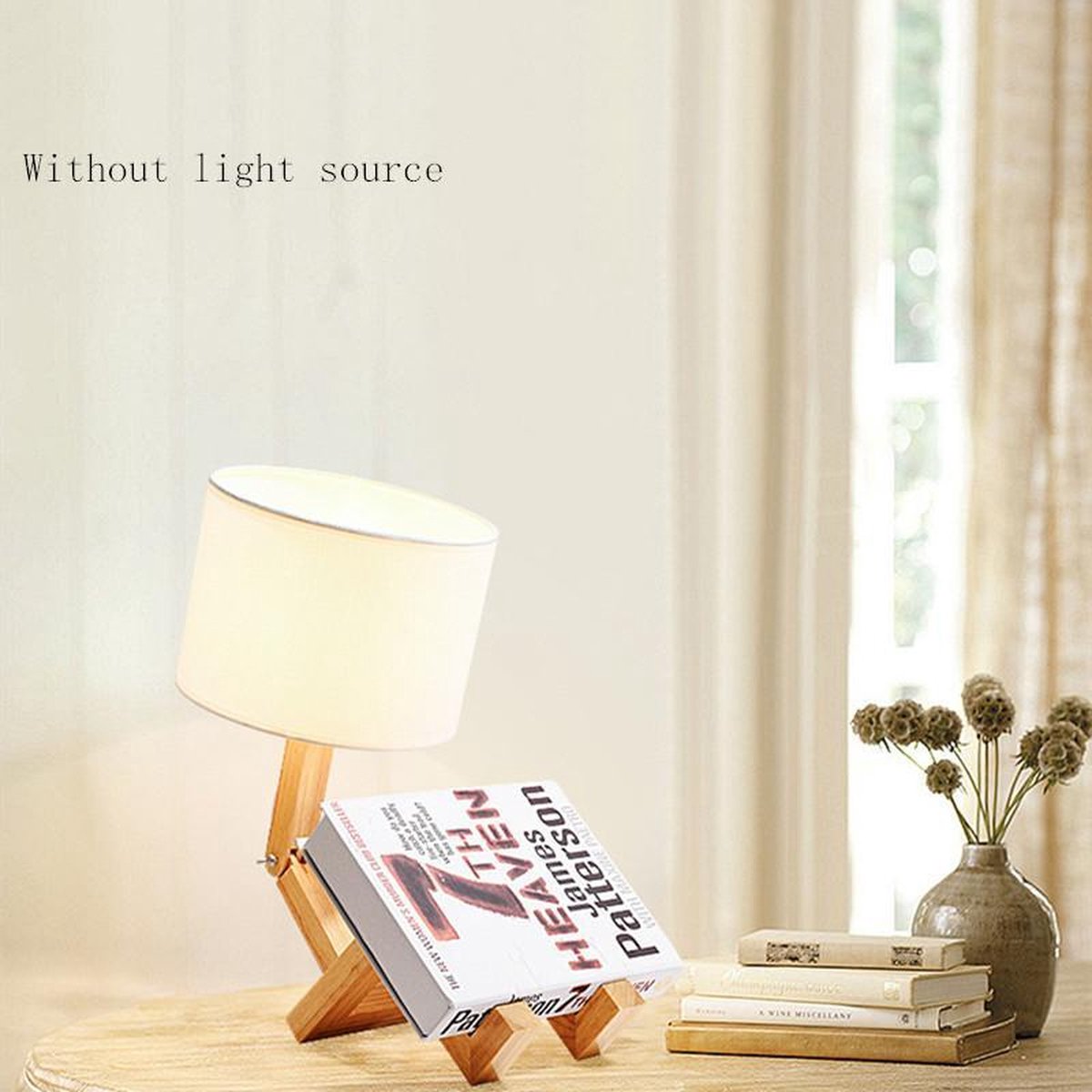 TDR - LED-bureaulamp met boekenhouder - Scandinavisch design - Witte stoffen kap - Houten mannetje met verstelbare gewrichten - Exclusief lichtbron