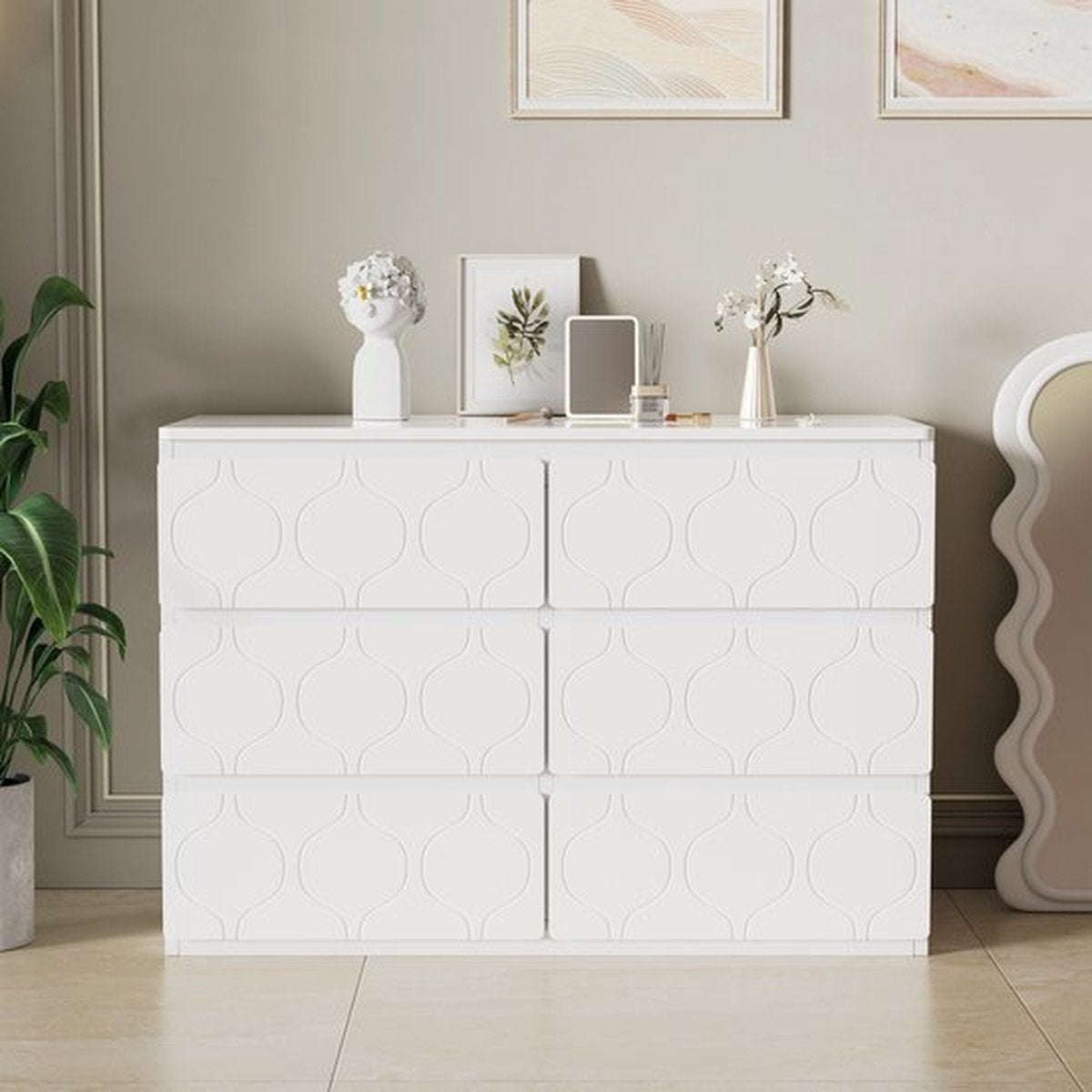 Dressoir met 6 laden, halkast, voor woonkamer, badkamer en slaapkamer, golfpatroon, gelakt, slagvast hoekontwerp, 6-vaks, 110 B x 40 D x 72 H, wit