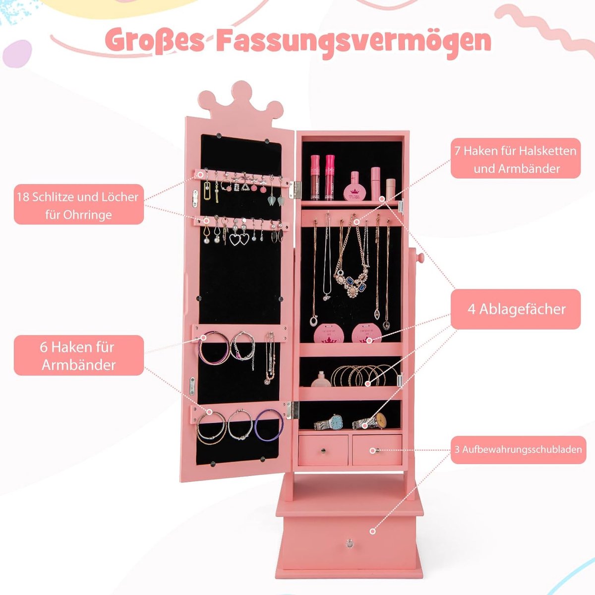 Kinderjuwelenkast, kantelbaar met passpiegel, 2 verstelbare hellingshoeken en 3 lades, make-upspiegel, kroonvormige juwelenhouder voor kinderen vanaf 3 jaar (roze)