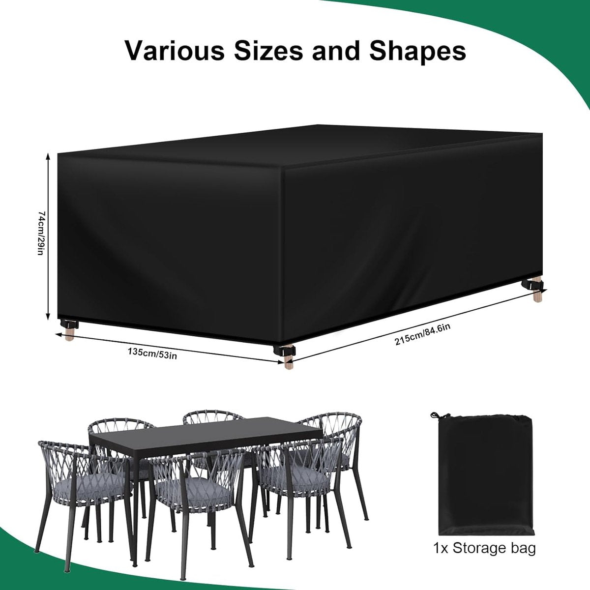 Hoes voor tuinmeubelen, rechthoekig, 215 x 135 x 74 cm, hoes van 420D Oxford-stof, waterdicht zeildoek, UV-bestendig, beschermhoes voor meubelsets, tuintafel, zitmeubelen
