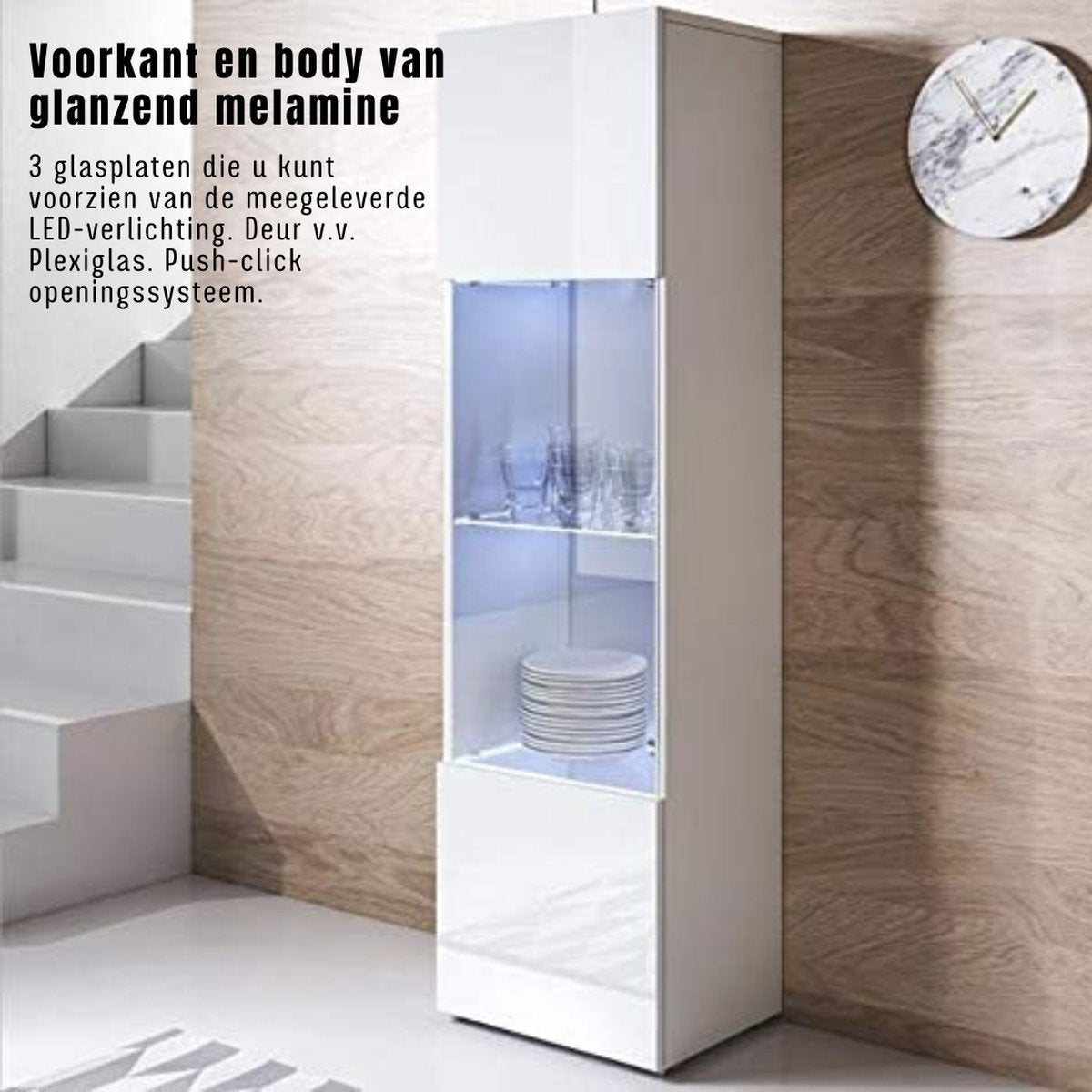 Vitrinekast met ledverlichting - Vitrinekast met glas - Vitrinekasten woonkamer - Verzamelkast - Vitrinekast voor in de keuken, woonkamer, eetkamer, slaapkamer – Wit - 40 x 167 x 29 cm