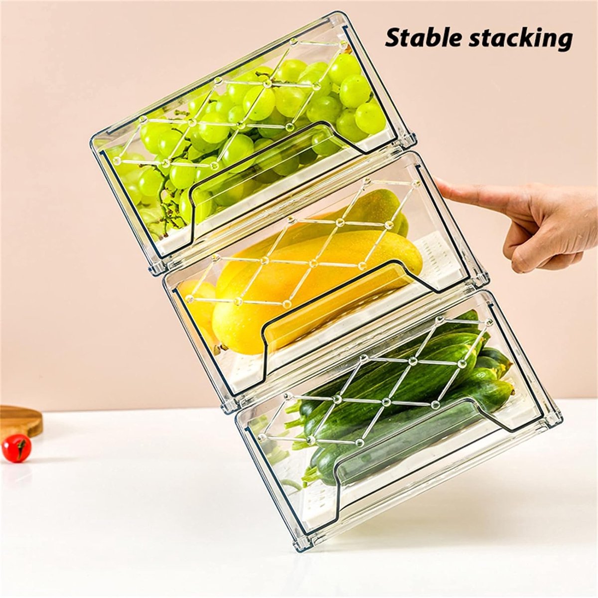 2 Medium Laden Koelkast Organizer Set, Keuken Koelkast & Kast Opslagbakken, transparante koelkast opbergdozen met handvatten voor Diepvriezers, Koelkast en Voorraadkast