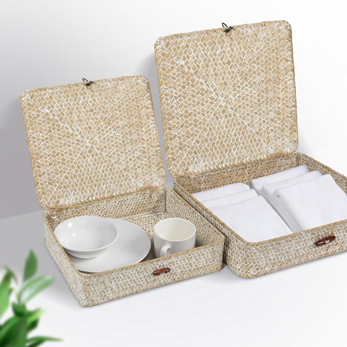 Set van 2 plat geweven rieten manden met deksel, natuurlijke zeegras-mandboxen, multifunctionele organizer, dozen voor plankorganizer