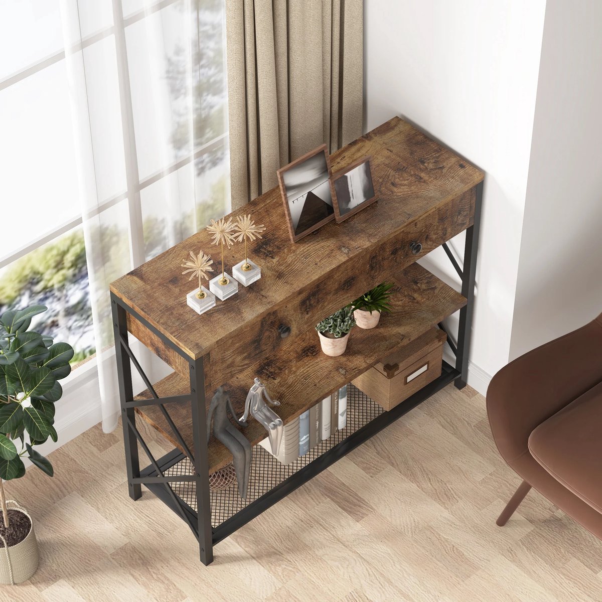 Sidetable - Salontafel - Bijzettafel - Bank Tafeltje - Koffietafel - Rechthoek - Industrieel - Zwart/bruin