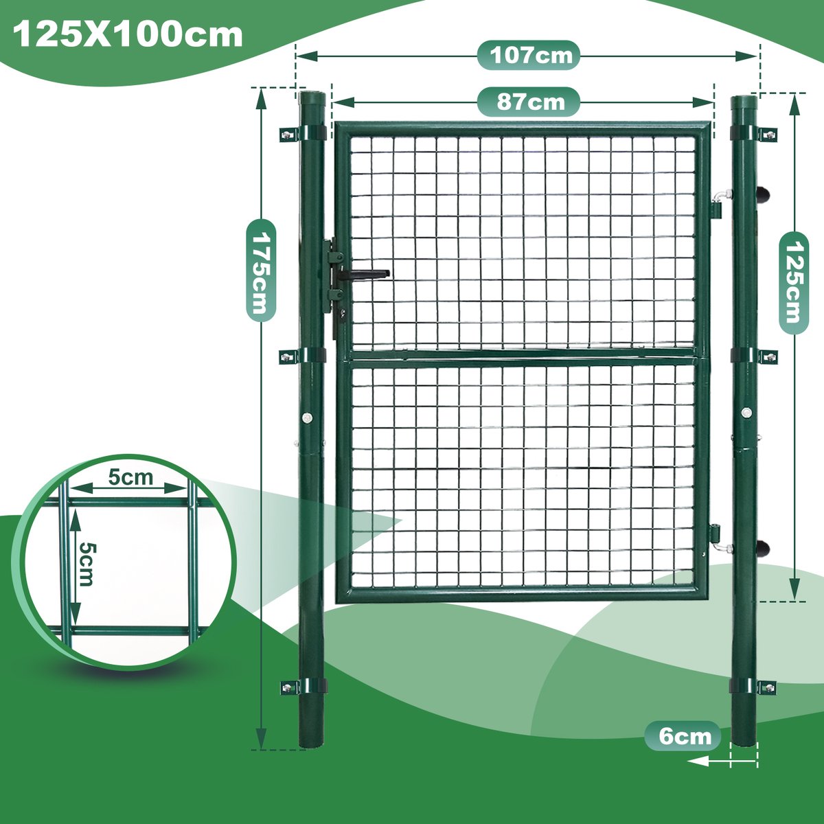 Tuinpoort Poort gepoedercoat staal Tuinpoort-Tuindeur hek poort 125 × 100 cm boerderij poort van gegalvaniseerd staal met slot, deurknop en sleutel, stevig en duurzaam-groen