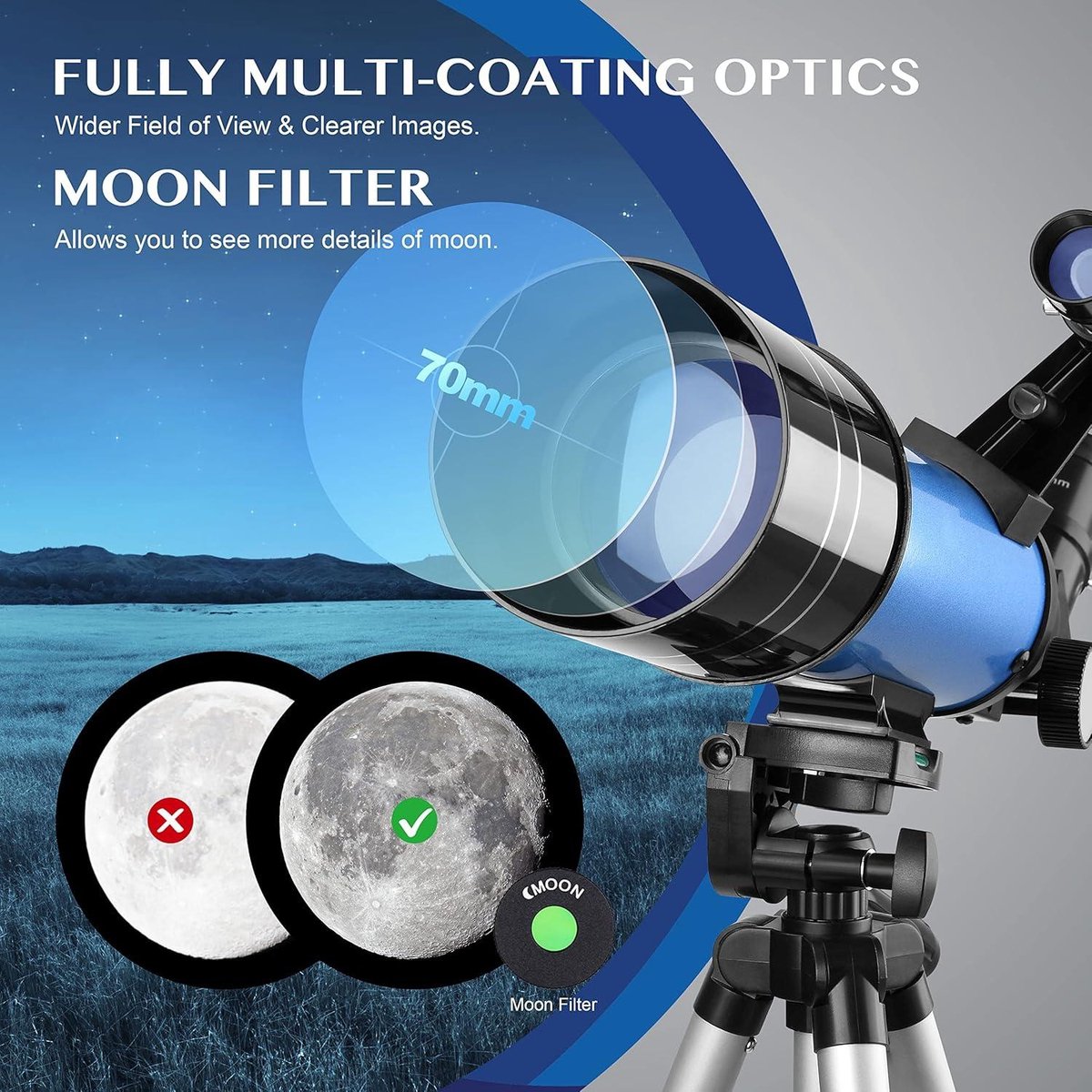 Telescopische Astronomie 70/400 telescoop voor beginners en kinderen - inclusief statief, smartphone-adapter en maanfilter