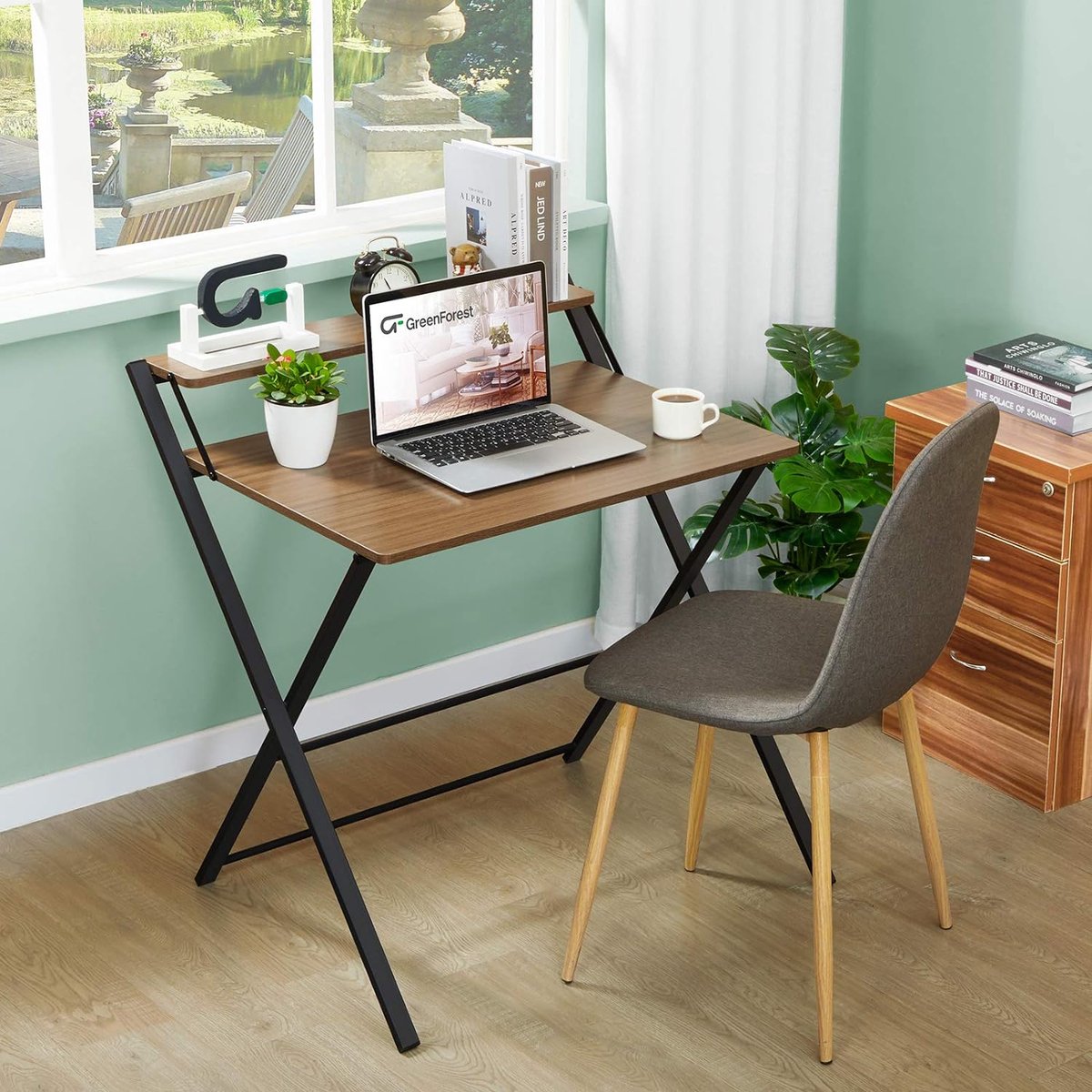 GreenForest Kleine Opvouwbare Computertafel met Plank, Geen Montage Vereist, 75 x 52 cm Bureau voor Thuiskantoor, Kleine Werktafel, Bruin