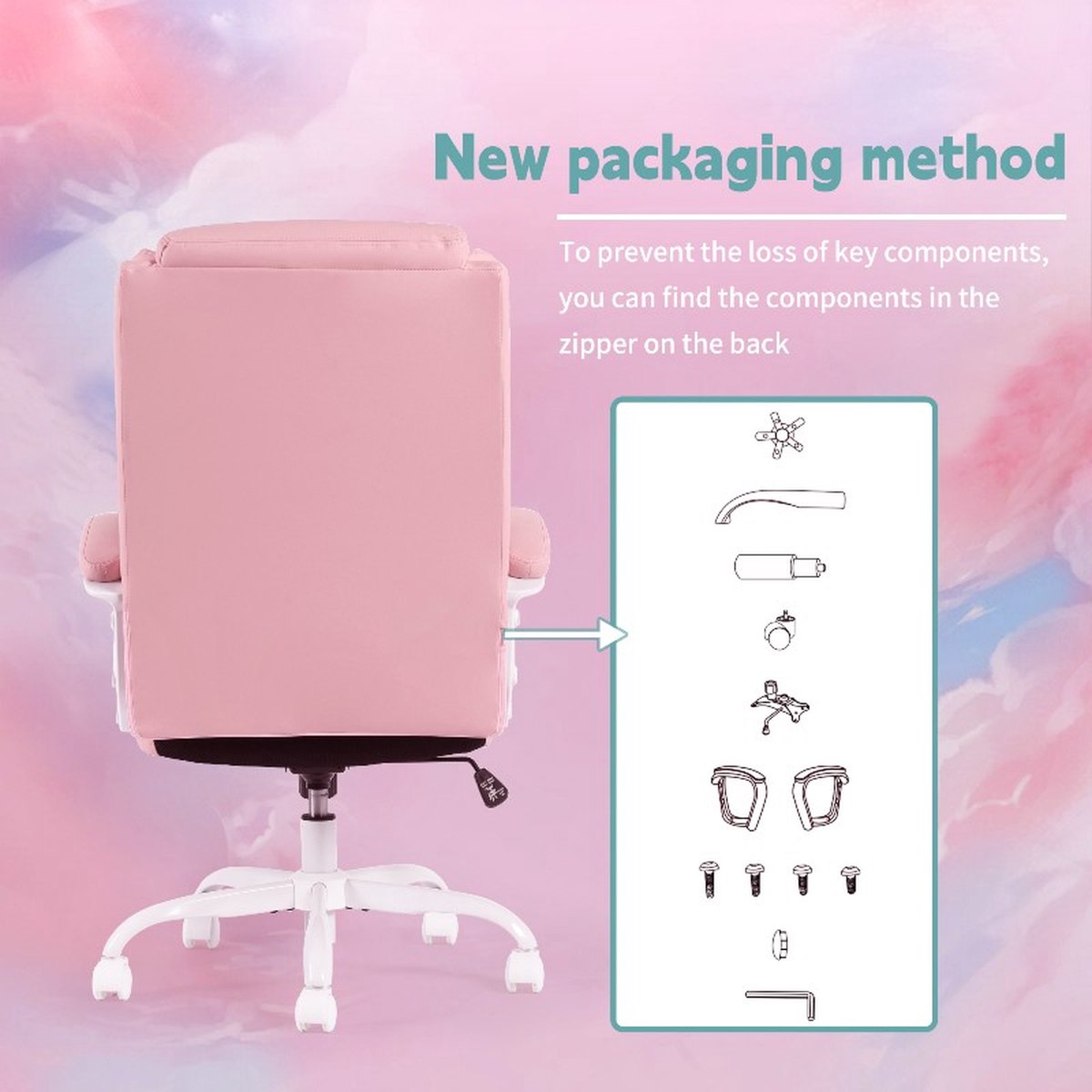 Pink Office Chair - Adjustable Backrest - Waterproof and Breathable - Maximum Load Capacity 90 kg - PU Leather Fabric