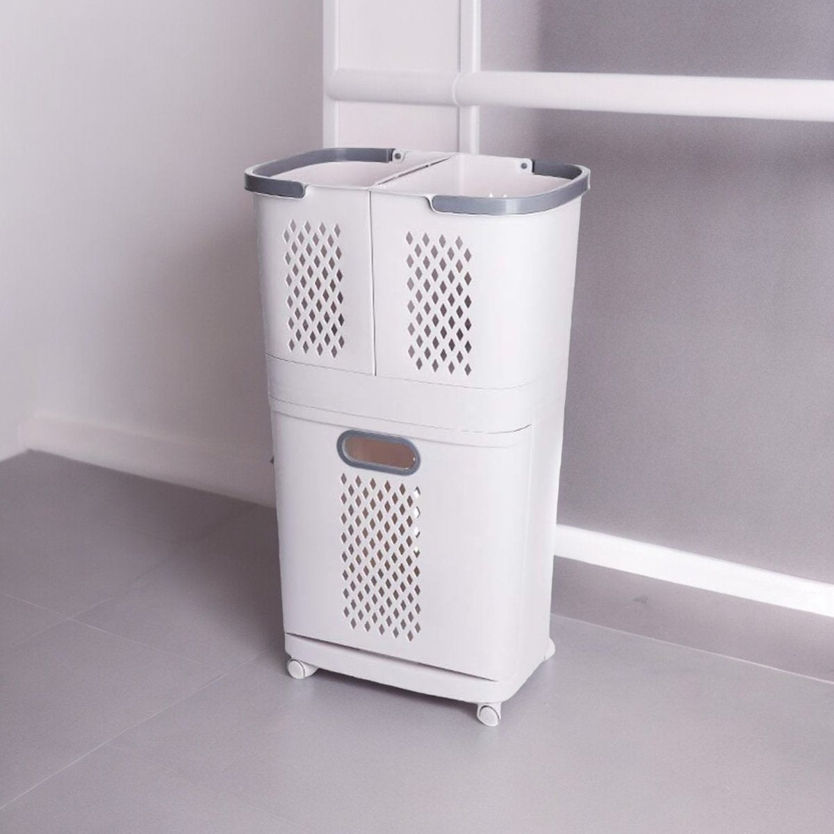 Laundry Basket 3 Compartments - White - Laundry Basket with Wheels - Laundry Sorter with Three Compartments - Plastic Laundry Basket