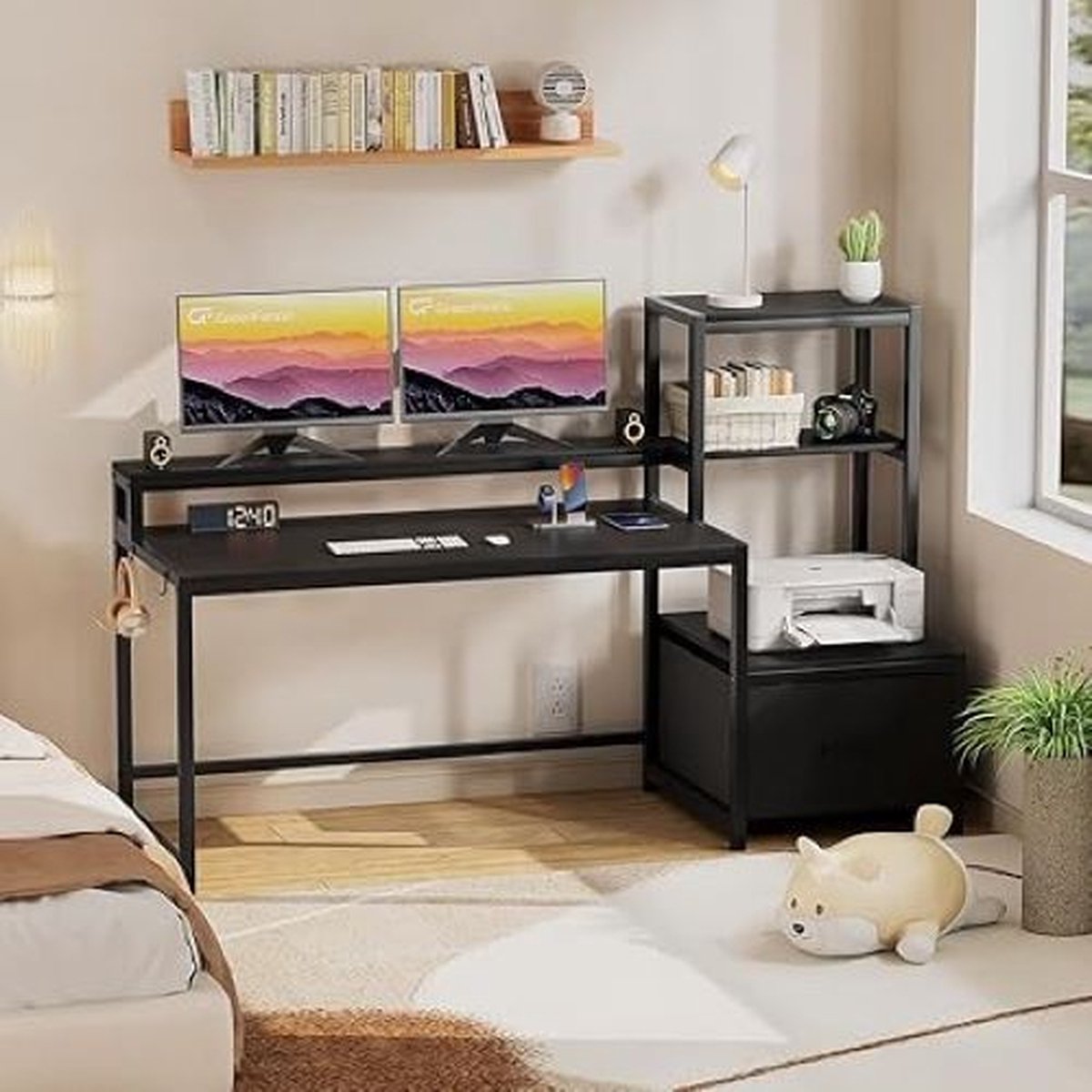 SHOP YOLO-game bureau-met Lade en Printer Plank-150 cm Omkeerbaar Computerbureau met LED-verlichting-Monitorstandaard en Haken Voor Computerwerkstation-Zwart