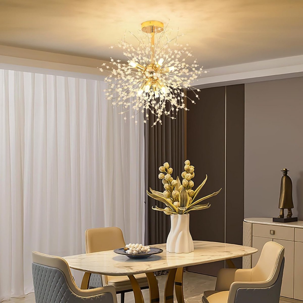 Kristallen Kroonluchter - Goud Kristal Moderne Kroonluchter 8*G9 Led Plafondlamp Vuurwerk Vorm, Verchroomde Hanglamp voor Slaapkamer, Woonkamer, Gang (exclusief lampen)