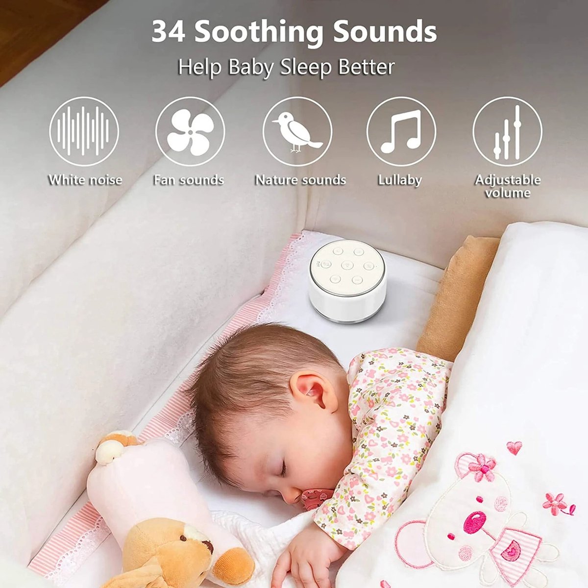 N.lux - White noise machine - Witte ruis - Baby - Slaapmuziek - Nachtlampje - 34 Rustgevende geluiden - Met timer - Slaapmachine - Slaaphulp volwassenen