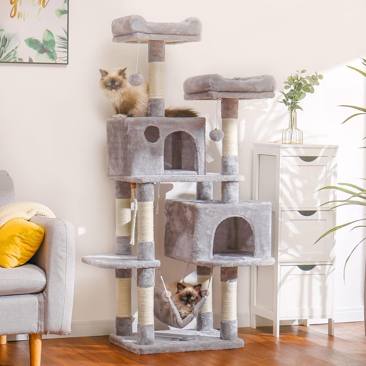 Krabpaal, kattenboom voor grote katten, stabiel met sisaltouw, 2 grote huizen, 2 platforms, lichtgrijs