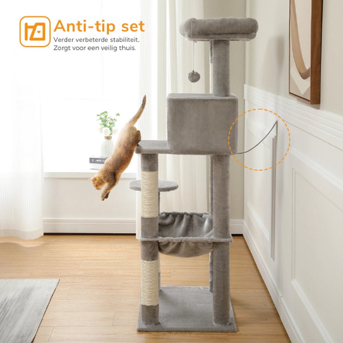 Rakmishop - Cat Tree - 5-Story - Cat Tower - Cat Post - Cat Pole for Large Cats - Scratch Tower - 143x50x45 cm - Gray