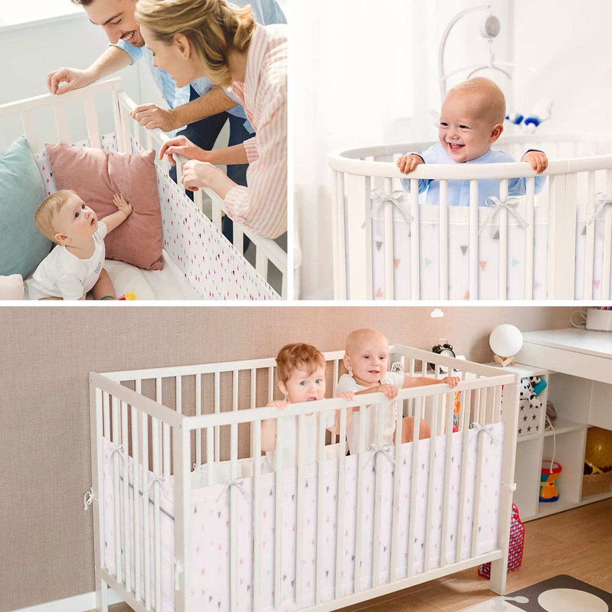 Bedomranding nestje, nestje voor kinderbedden, randbescherming, babybed, ademende bekleding, hoofdbescherming babybed, omrandingen, valbescherming voor babybed, rasterstokken, olifant (driehoek)
