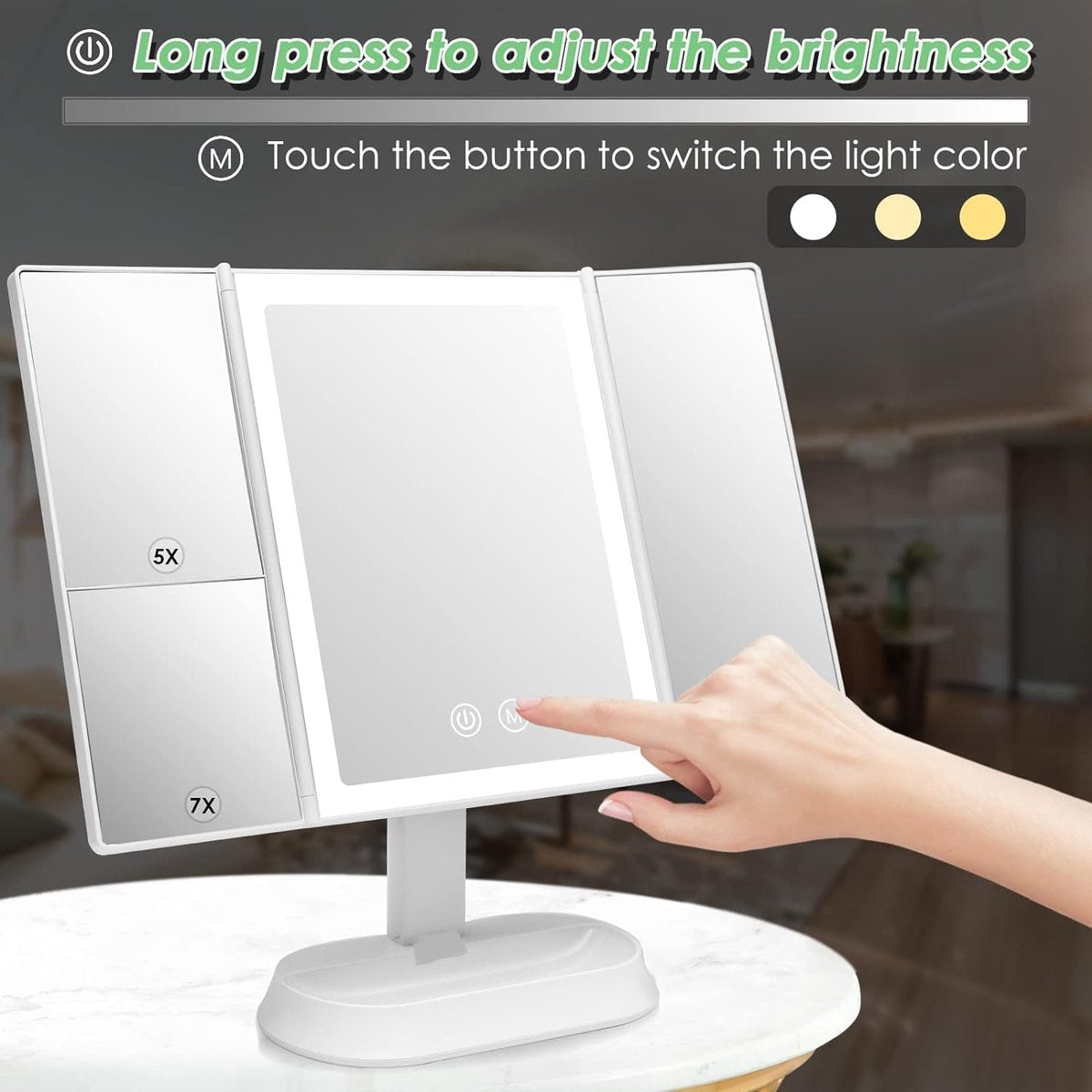 Make-up spiegel met LED-Verlichting en Touchscreen, Drievoudig 1x 5x 7x Vergroting, 90 ° Verstelbare Rotatie, Werkt op Batterijen en USB, Aanrecht Cosmetische Spiegel (Wit)