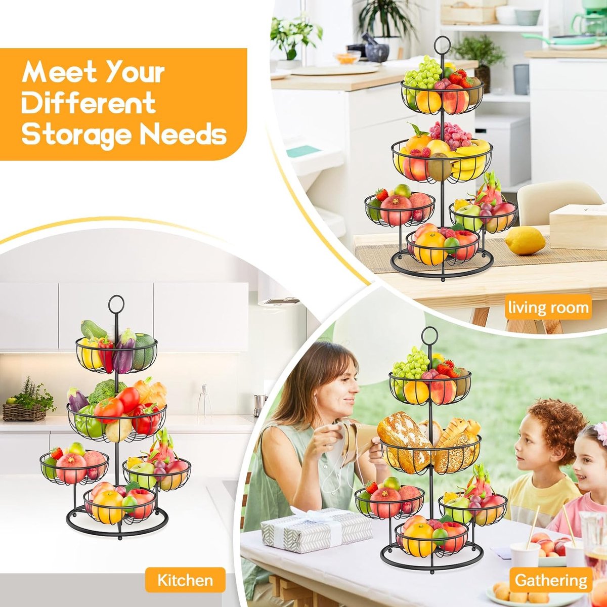 5-laagse fruitmand, metalen fruitschaalrek voor meer ruimte op het werkblad, moderne fruitschaalorganizer, fruitopslag voor brood, snacks, groenten (zwart)