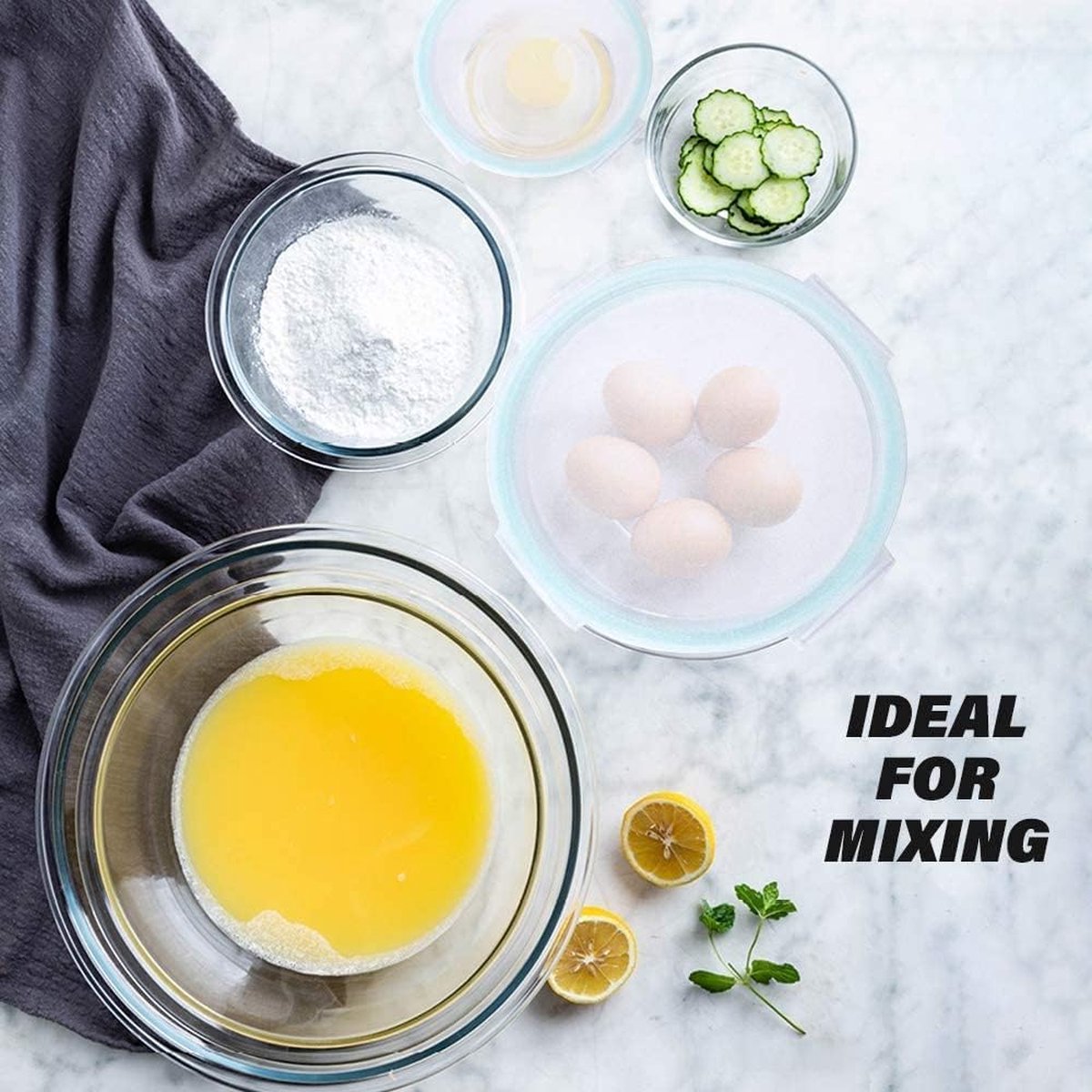 Glazen Mengkommen Set van 5 Glazen Kommen met Deksels, Ruimtebesparende Nesting Kommen, Antislip Saladekommen BPA-vrij voor Combineren, Opslag en Koken