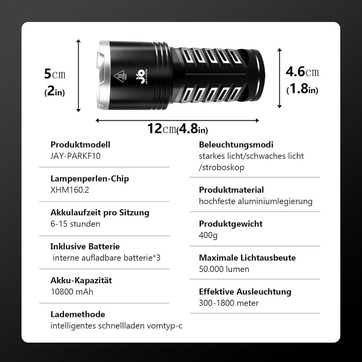 200.000 Lumen Oplaadbare LED Zaklamp - Super Helder - Tactische Zaklamp - 3 Verlichtingsmodi - Ingebouwde 10800 mAh Oplaadbare Batterij - High Power - JAY-PARK Zaklamp