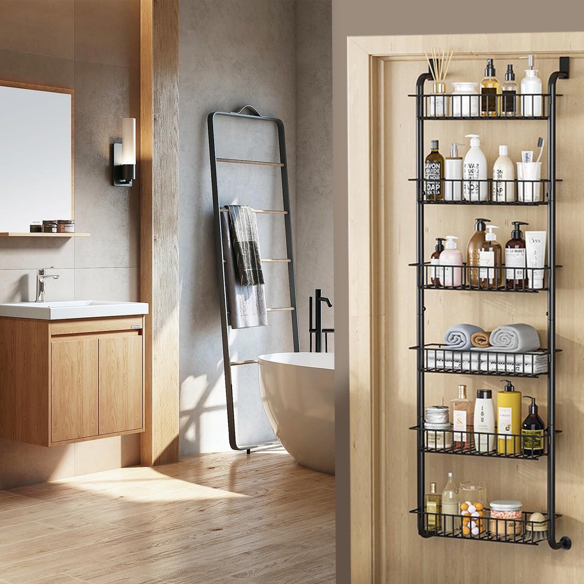 6-Tier Over-the-Door Pantry Organizer Rack - Strong Metal - Hanging Spice Rack - Wall Mount Storage - Kitchen Dining Bathroom Bedroom - Black Hanging Spice Rack