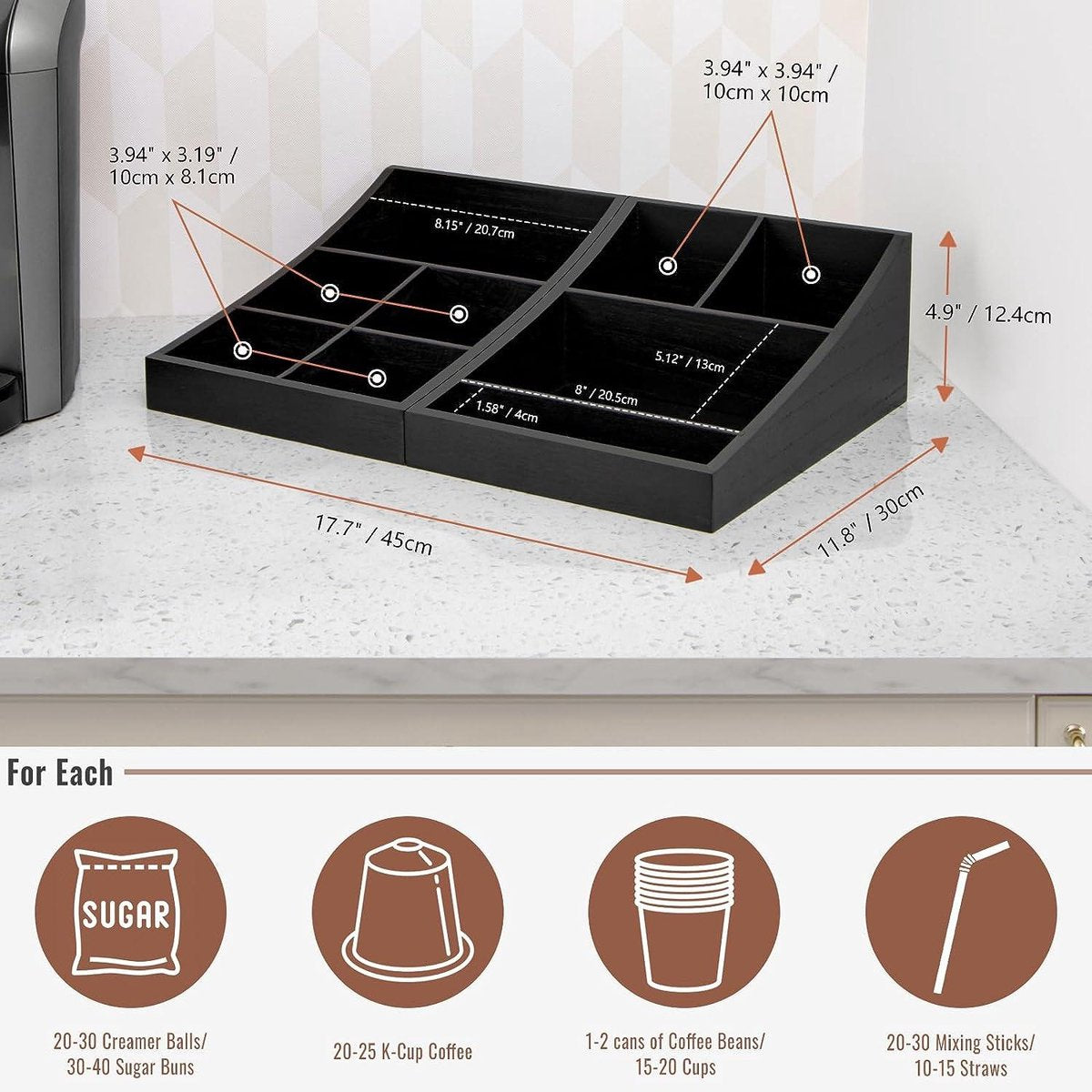 Coffee Station Organizer voor aanrecht - Hout Zwart 9 Vakken - Thuis en Kantoor Organizer voor Koffie en Thee theezakjeshouder