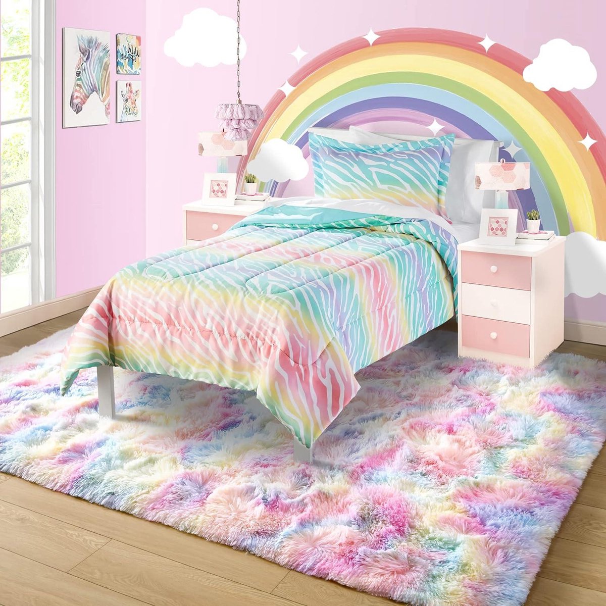 Plush Carpet - Round - Large Size - Modern Living Room - Soft and Fluffy - for Kids Girls - Bedroom/Nursery - Rainbow - 80 x 150 cm rug
