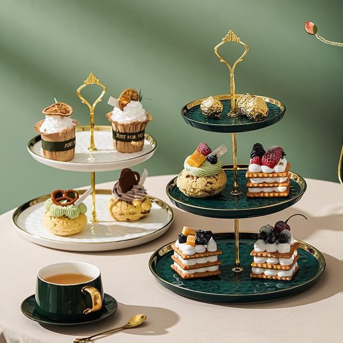 Cupcakestandaard - Keramiek - Taartstandaard Met 3 Lagen - Goud - Tafels - Fruitborden Voor Salontafel - Decoratie - Cupcake En Borden - Dessert - Standaard - Groen