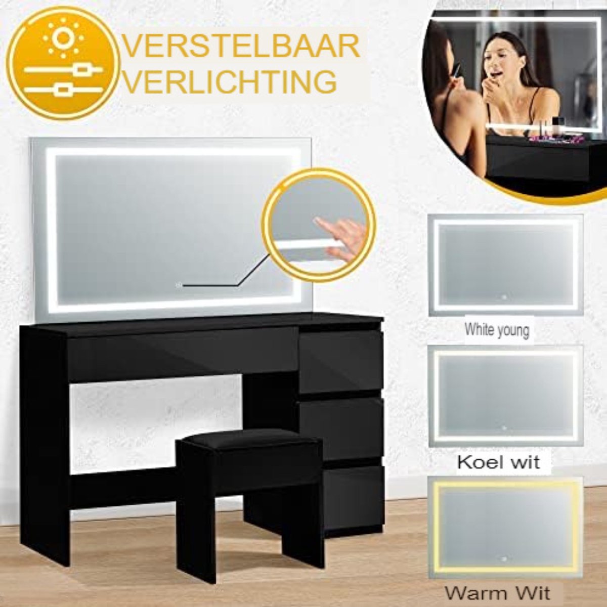 Dressing table with mirror and lighting - 90 x 140 cm - Standard black