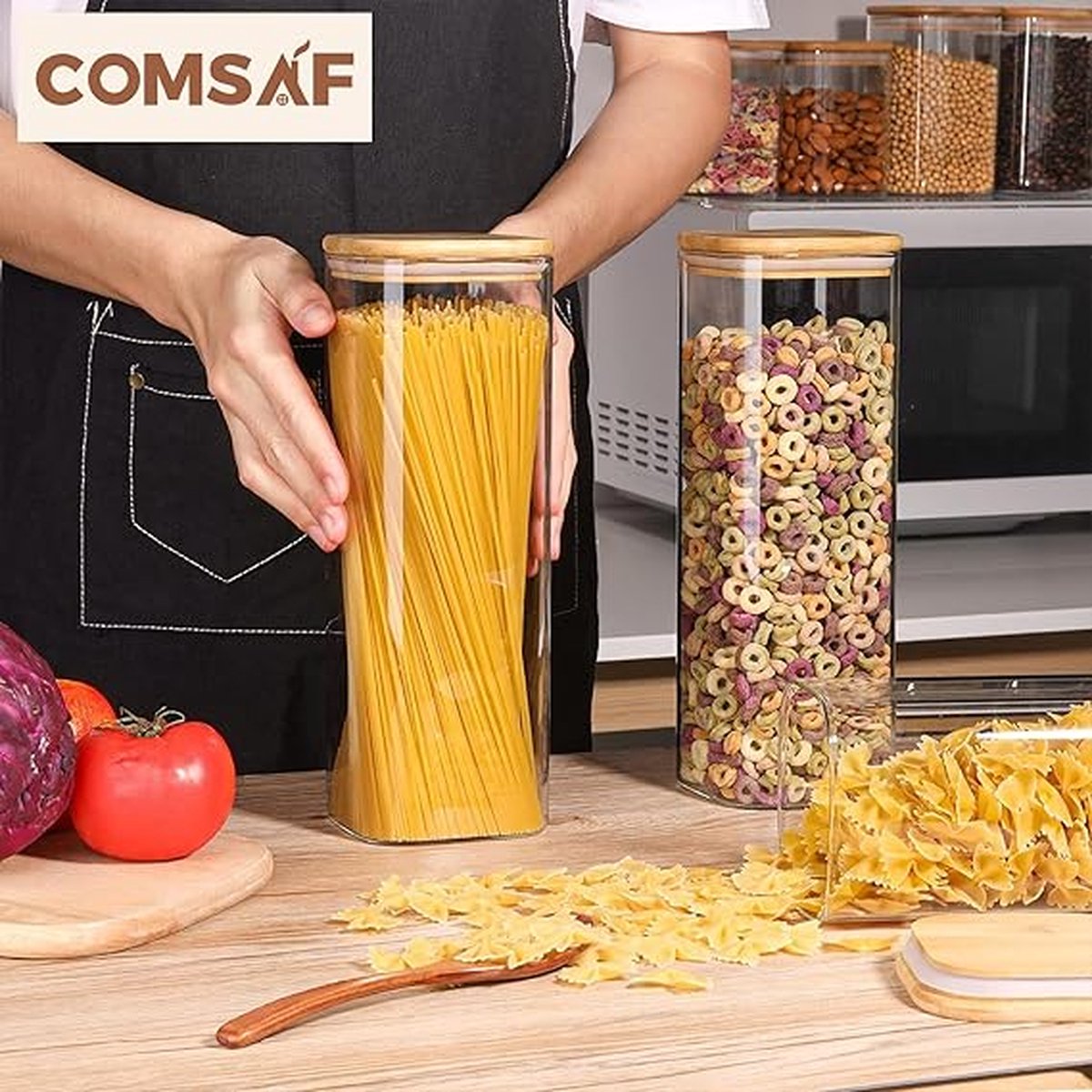 WINKEL YOLO-Opbergpot Spaghetti -2100 ml Glazen-met Bamboe Deksel voor Pasta-Koffiebonen-Set van 3