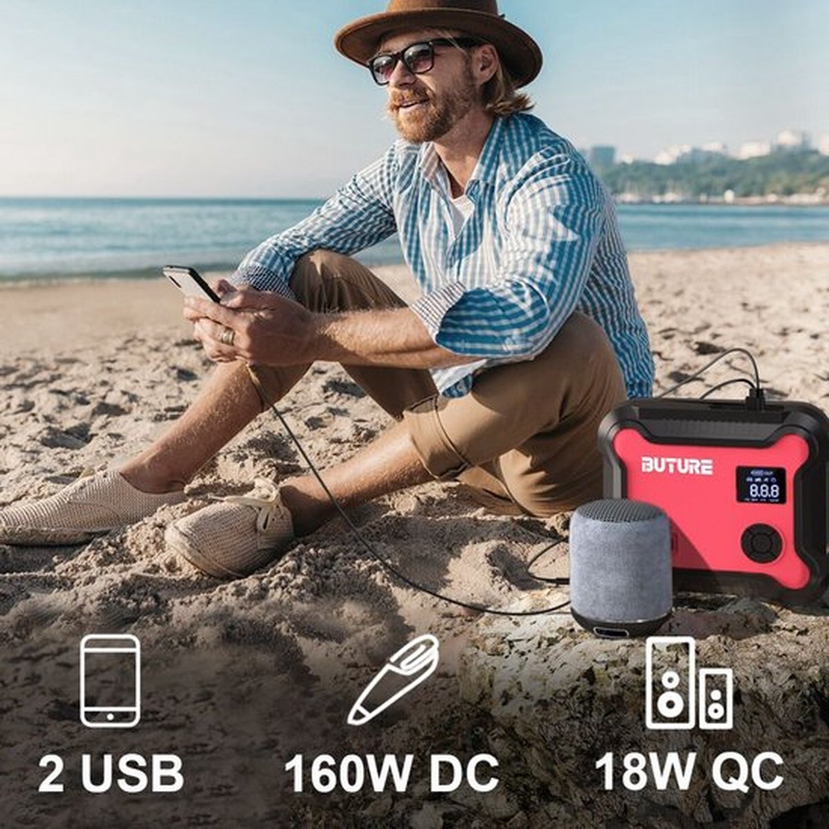 Buture Jump Starter for Car - Jump Starter - Jump Starter 5 in 1 - Jump Starter Power Bank 26800mAh - Red/Black - Jump Starter incl. Compressor
