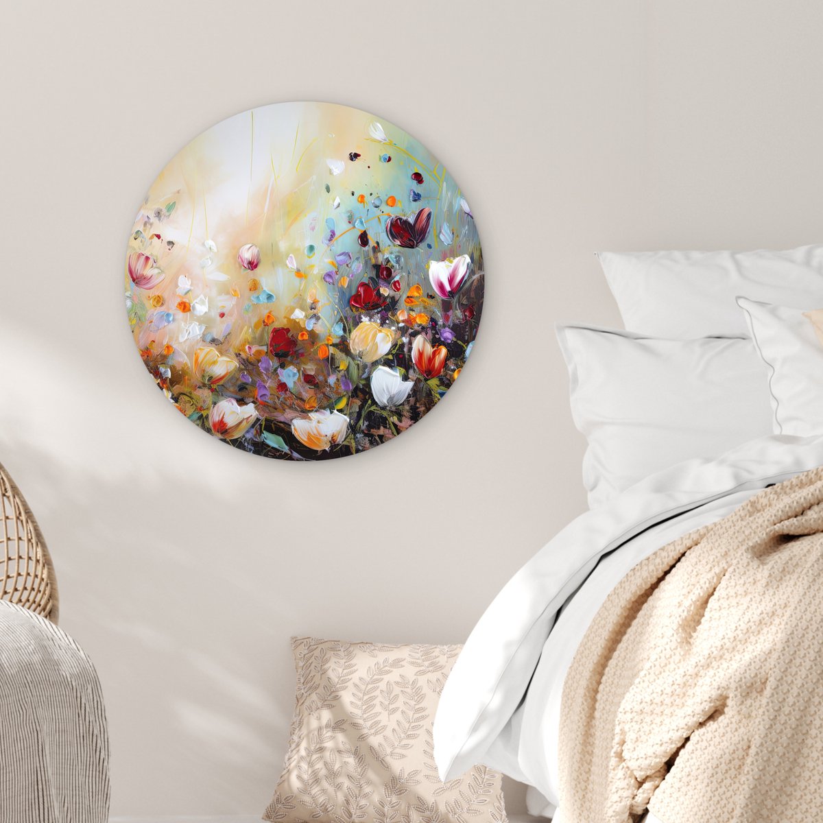 WallCircle® Muurcirkel 60x60 cm - Olieverf - Bloemen - Kleurrijk - Natuur - Plant - Veld - Muurdecoratie woonkamer - Wanddecoratie slaapkamer - Kamer decoratie accessoires - Ronde schilderijen - Woonaccessoires cirkel binnen