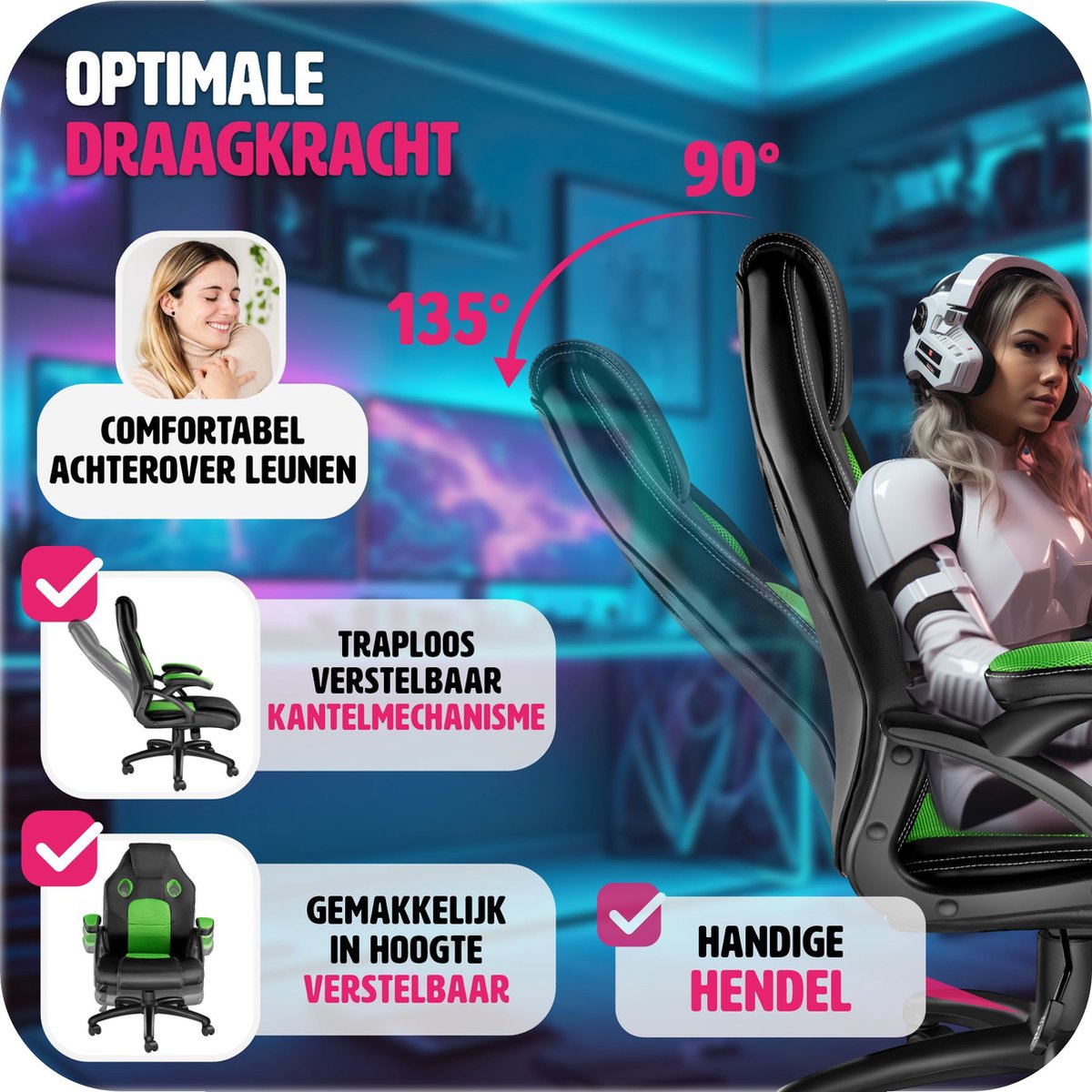 tectake® - bureaustoel gamingstoel - luxe bureaustoel kantoorstoel - racingstoel bureaustoel gamestoel Mike - zwart/groen