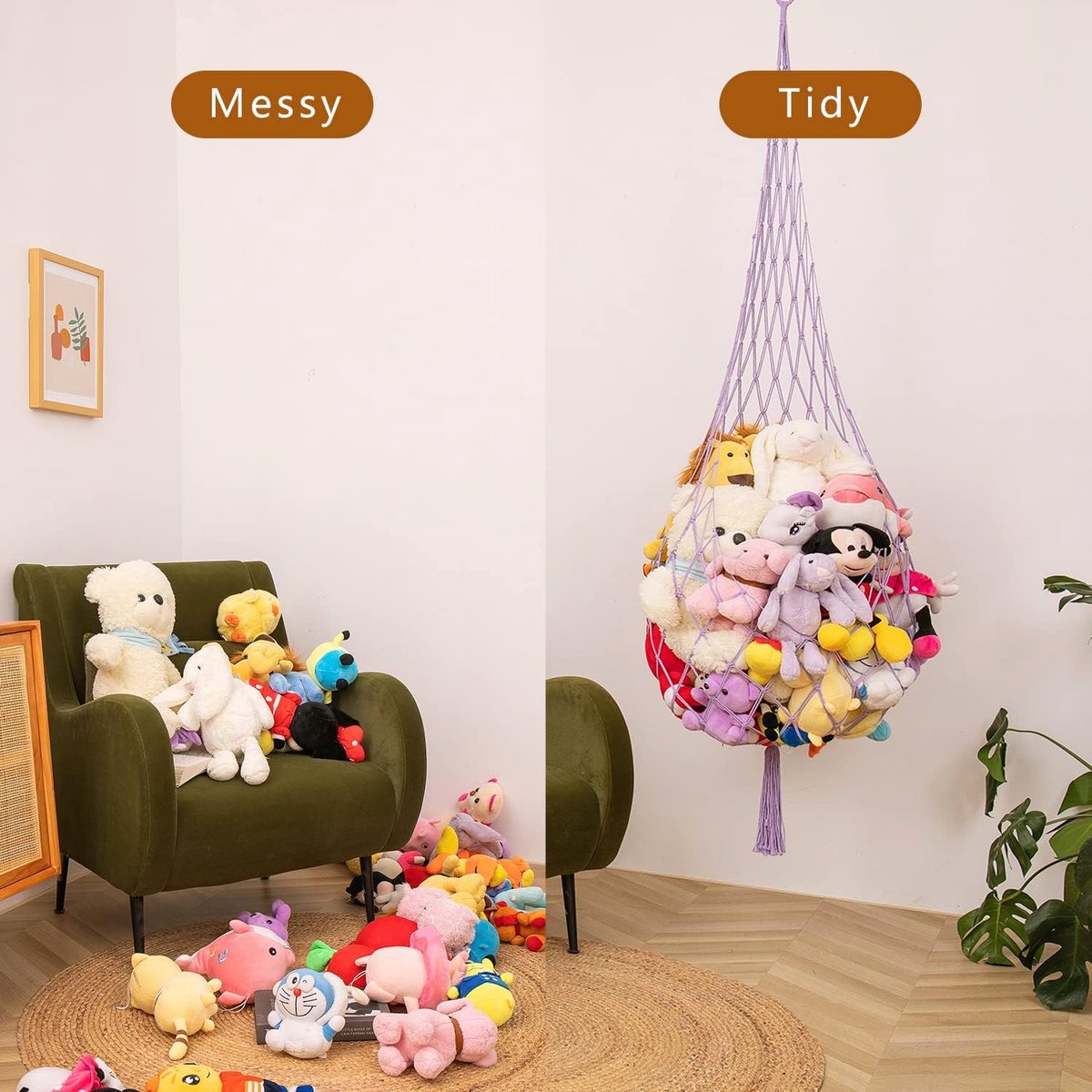Macramé pluchen net of hangmat, slechts één haak. Handig voor hoeken, muren en plafonds, voor het ophangen van knuffels
