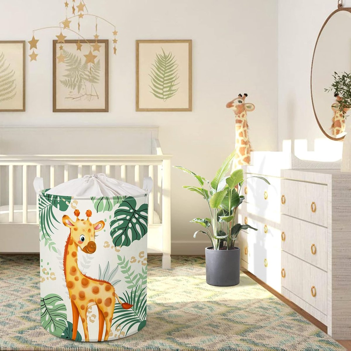 45L Leuke Groene Wasmand Baby met Giraffe, Vogels - Bosdieren Bladeren Ronde Wasmand Opvouwbaar - Perfecte Opbergmand voor de Kinderkamer om Speelgoed op te Bergen 36 x 45 cm