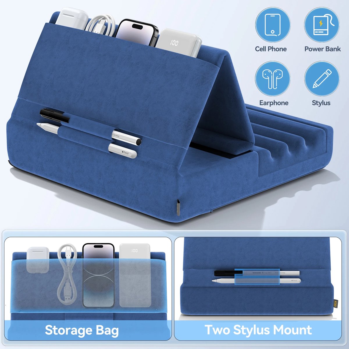 Foldable Tablet Cushion Holder - Suitable for iPad and Tablets - Soft and Sturdy with Pocket and Stylus Holder - Ideal for Use on Lap, in Bed, and on Desk