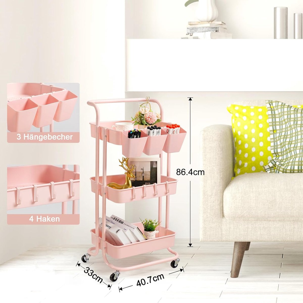 3-laags rolwagen met afsluitbare wielen, hangende kopjes en haken, opbergplanken voor keuken, badkamer, kantoor, bibliotheek, koffiebar, trolley, servicewagen, schelproze