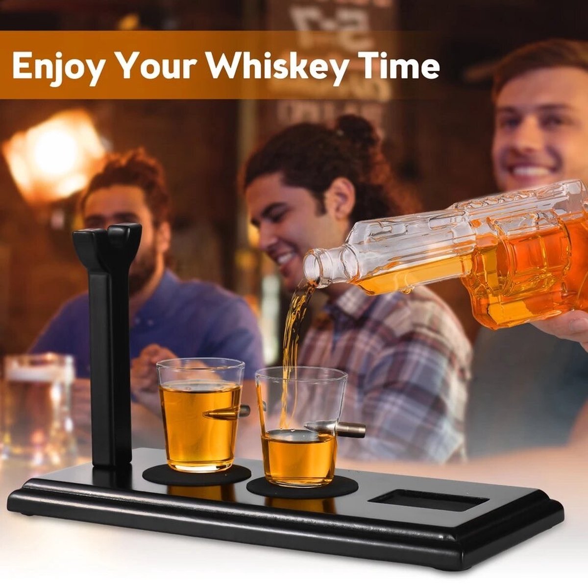 Whisky Karaf Set - Pistool Revolver Bar Set met 2 Glazen en Standaard