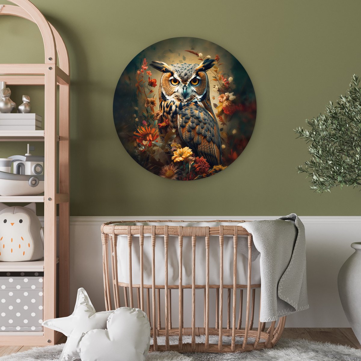 WallCircle® Muurcirkel 60x60 cm - Wandcirkel Uil - Vogel - Bloemen - Planten - Dieren - Botanisch - Muurdecoratie woonkamer - Wanddecoratie slaapkamer - Kamer decoratie accessoires - Ronde schilderijen - Woonaccessoires cirkel binnen