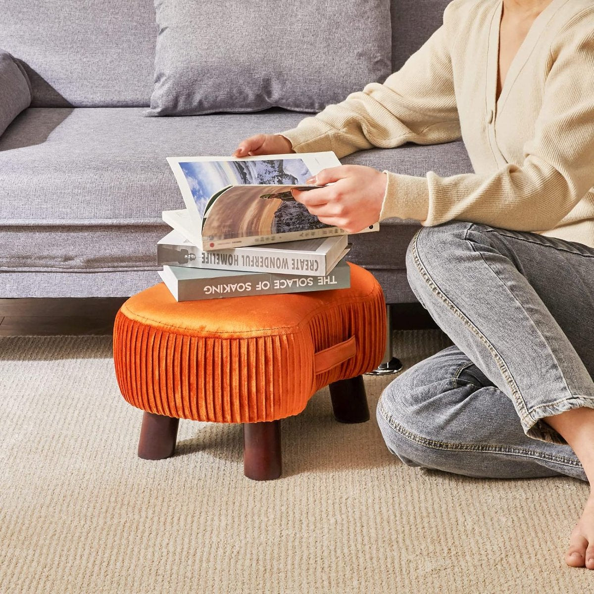 Footstool, bench with handle, curved step stool with soft seat cushion, velvet padded stool, solid wood, for living room, children's room, 40 x 28 x 23 cm, orange