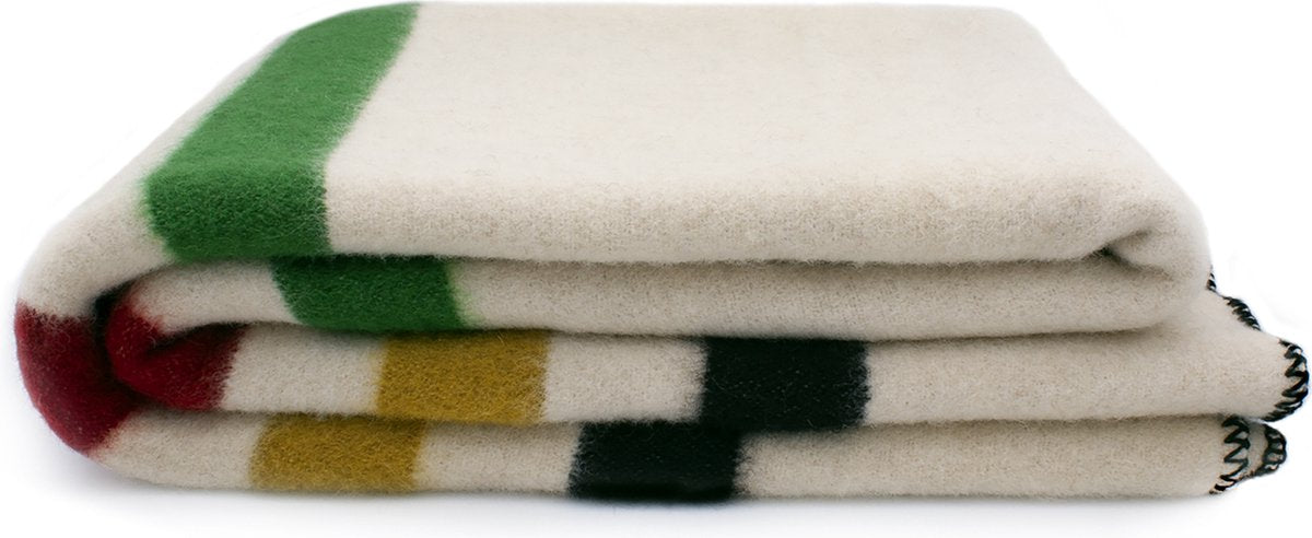 Alenika wollen deken dik Rainbow Classic - 160x210 cm - 2800g - Zuivere wol - Wolwit met gekleurde streepjes aan de uiteinden
