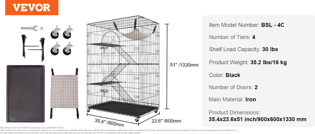 Verplaatsbaar Dierenverblijf - Kattenren - Kattenbench - Binnen & Buiten - Zwart - 90x60x133CM - Ook Geschikt Voor Cavia, Fret, Konijn, Hamster,, Vogel - Draadkooi - Groot Formaat - Inklapbaar - 4 Lagen - 30KG Draagvermogen