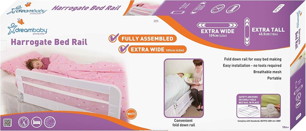Bed Rails Guard Opvouwbaar Draagbaar Bed Veiligheidsbarrière - Kinderen Volwassenen - Harrogate - 109cm Breed 45,5cm Hoog - Wit Model F771