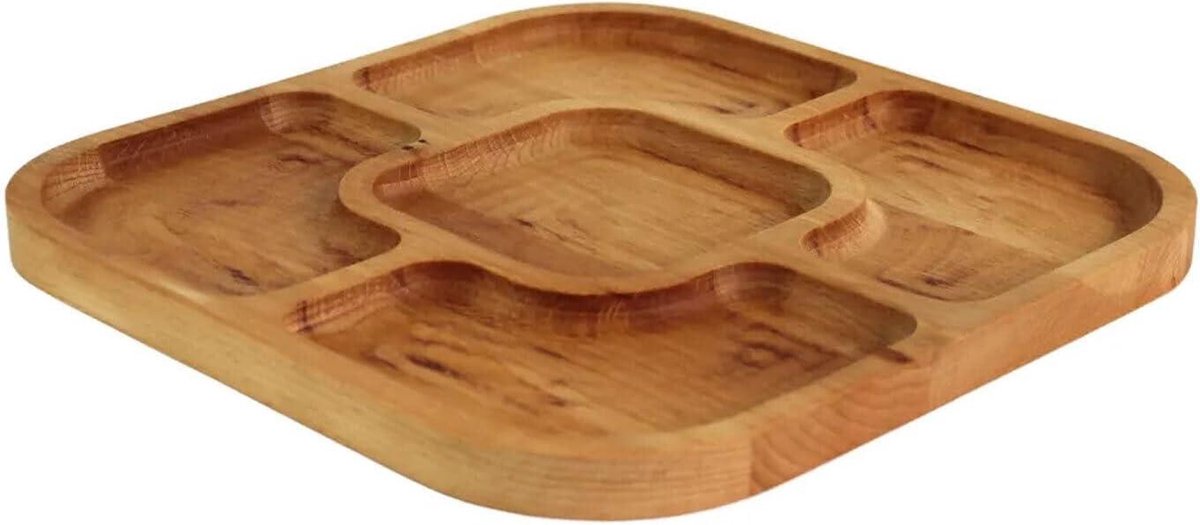 Serveerschaal van natuurlijk hout - 25 x 25 cm - 5 gedeelde vakken - serveerblad voor voorgerechten, kaas en snacks - houten bord voor vlees en kaas