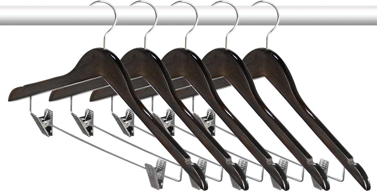 10 stuks 44,5 cm natuurlijke houten kleerhangers met metalen klemmen, twee inkepingen, 360 graden draaibare haken, garderobehanger, broekhanger, hanger voor broeken, shorts, rokken, sokken
